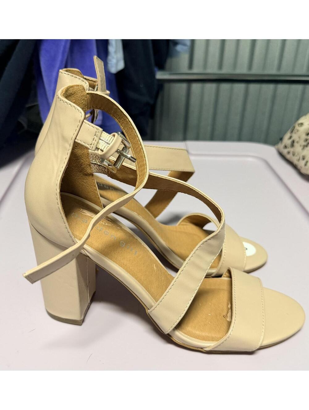 Madden Girl Cream Ankle Strap Block Heel Sandals Women’s Neutral Dress Heels